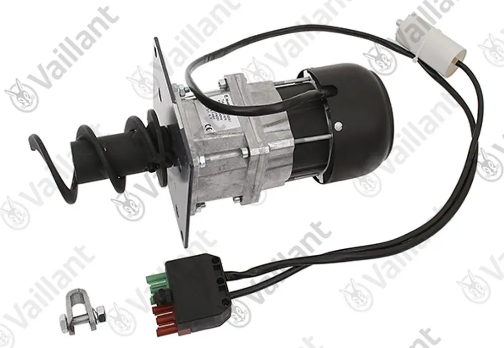Vaillant Motor mit schwarzem Gehäuse und Anschlussstecker, montiert auf einer Metallplatte, mit Spiralfeder und Zubehörteilen, zur Verwendung in Heizsystemen.
